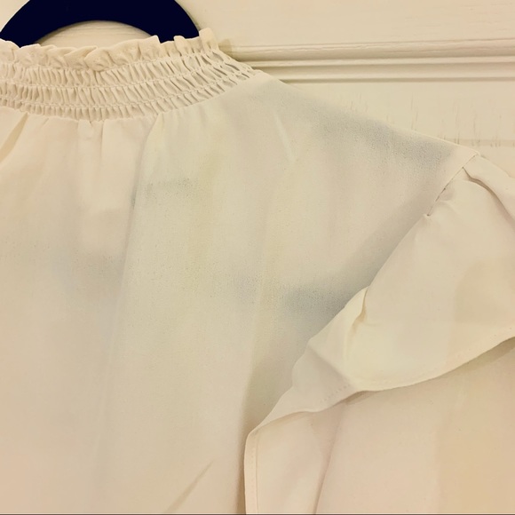 Ann Taylor LOFT Smocked Mock Neck Ruffle Long Sleeve Blouse White Ivory Small - Picture 5 of 9
